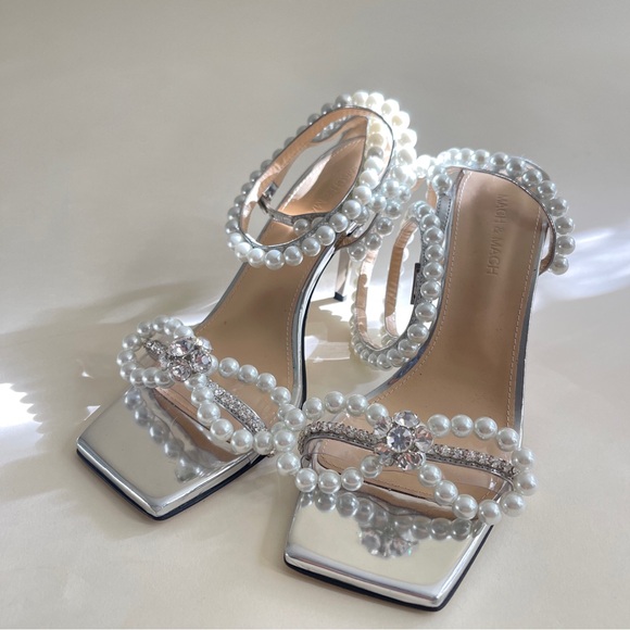 MACH & MACH Pearl Bow Square Toe Sandals in Silver Leather - Picture 6 of 14